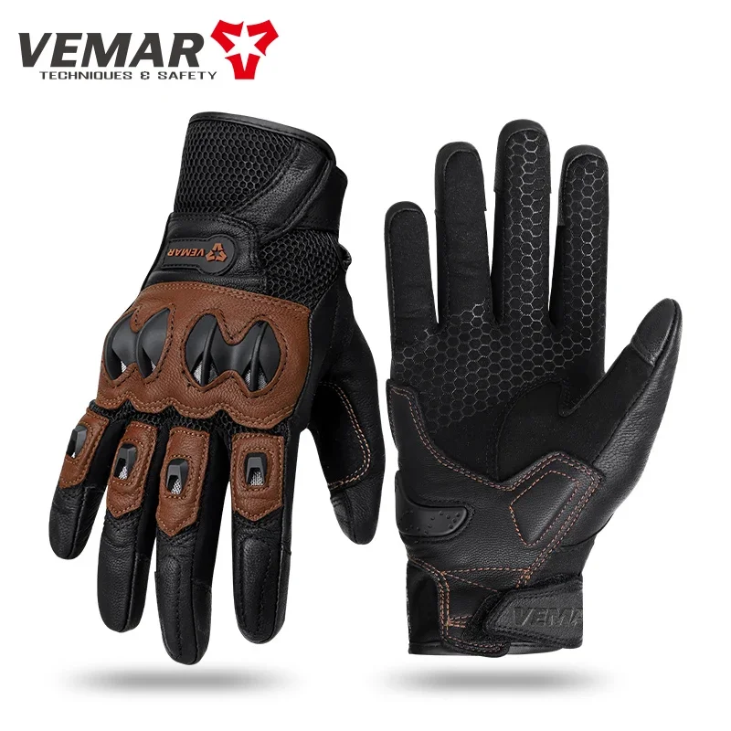 

VEMAR Women Men's Summer Breathable Motorcycle Gloves Anti-fall Shock-absorbing Racing Touch Screen Genuine Leather Moto Gloves