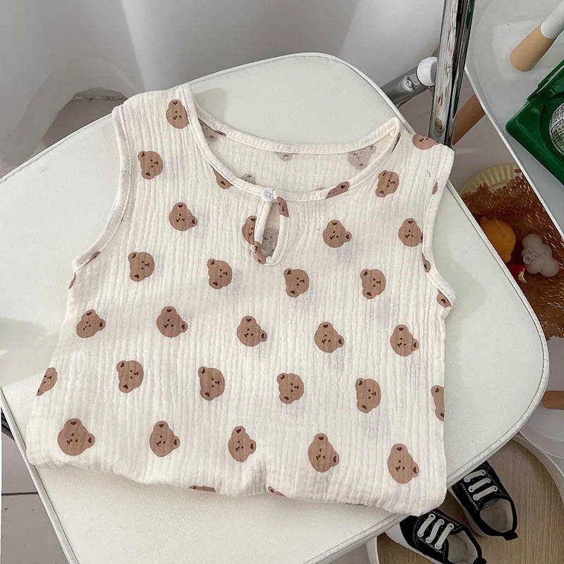 Nieuwe Binnenkomst Koreaanse Stijl Schattige Baby Gaas Homewear Set Kinderen Ademende Losse Mouwloze Shorts 2-delige Set