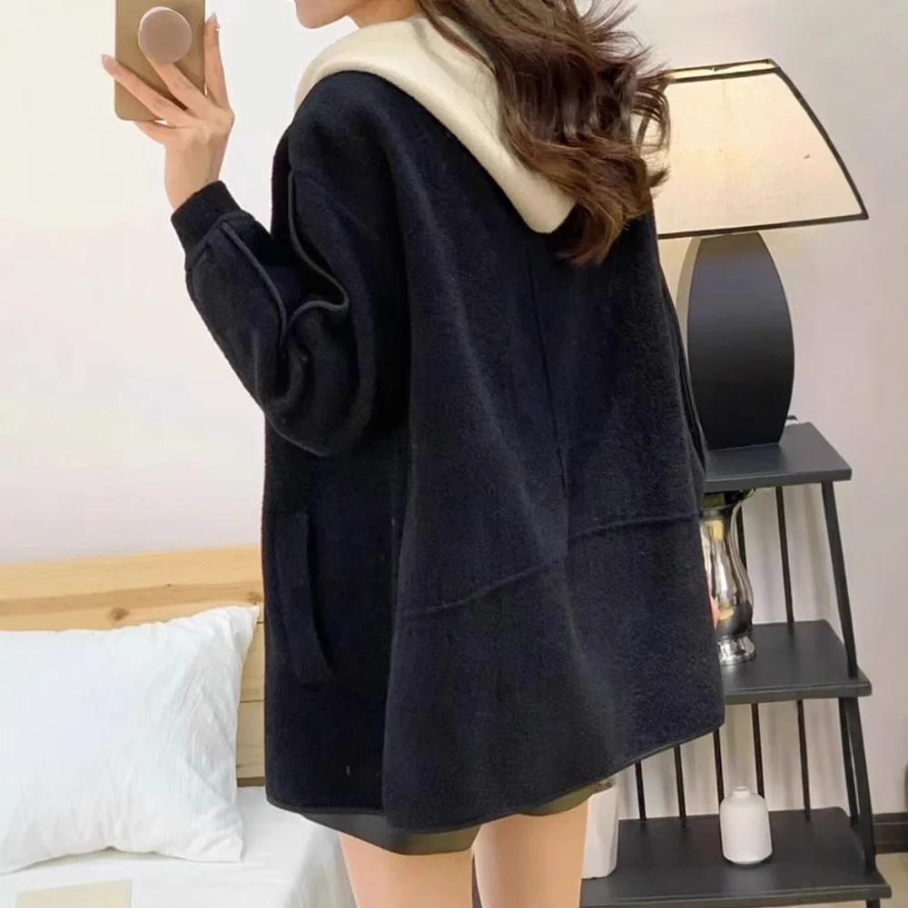2025 가을 겨울 신상 여성용 울 캐주얼 트렌디 더블 브레스티드 컬러코드 긴 소매 후드 울 재킷 여성 코트
