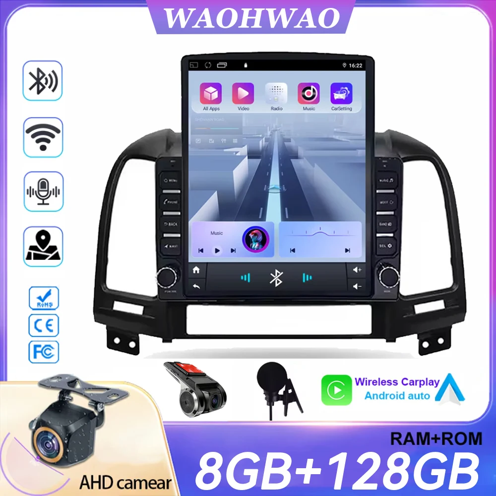 Rádio Automotivo Multimídia Android 16 de 9,7 polegadas para Hyundai Santa Fe 2 2006-2012 com GPS, Navegação, Carplay, Android Auto e DVD 2din