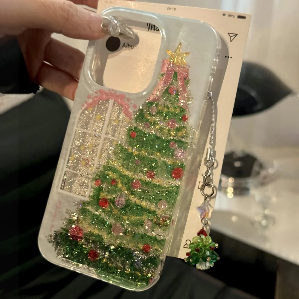 الفاخرة شجرة عيد الميلاد قلادة النافذة أضواء الترتر الحال بالنسبة آيفون 17 برو ماكس 16 15 برو 14 زائد 13 12 11 Blingbling غطاء