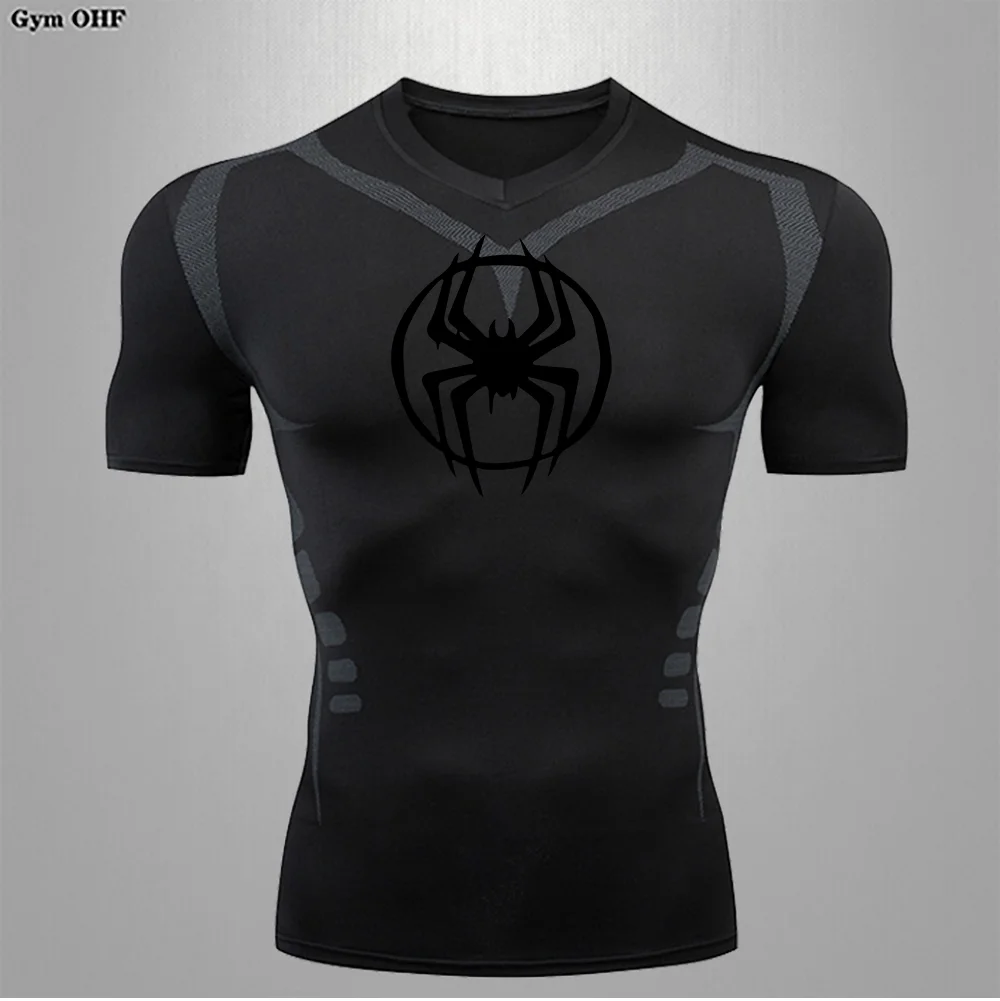 2024 Men\'s Spider Print Compression Shirt, Quick Dry T-Shirt, Gym Running Jersey, Breathable Short Sleeve, S-3XL, Spring/Summer