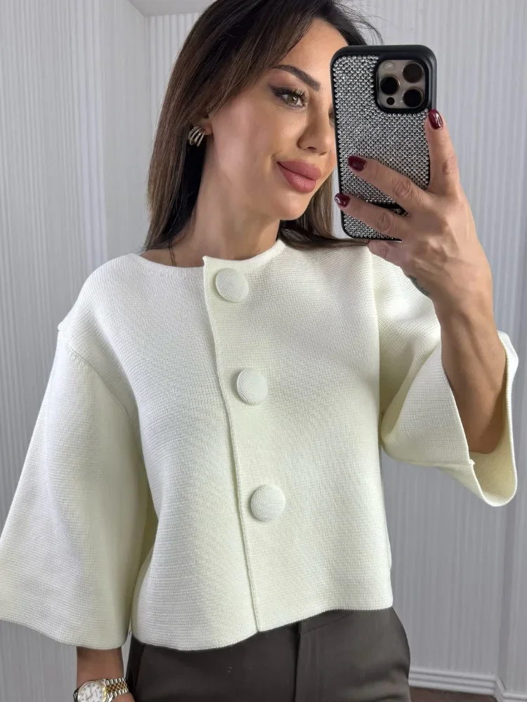 Elegant Knit Cardigan Women Fashion Sleeve Round Neck Big Button Loose White Coat Fall Office Casual Minimalist Outfit 2026