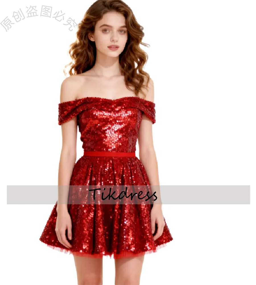 Glänzendes rotes Geburtstagskleid mit Pailletten, schulterfrei, kurzes Mini-Abendkleid für Damen, 2026, sexy Abschluss-Cocktailkleid, glitzernder Abschlussball