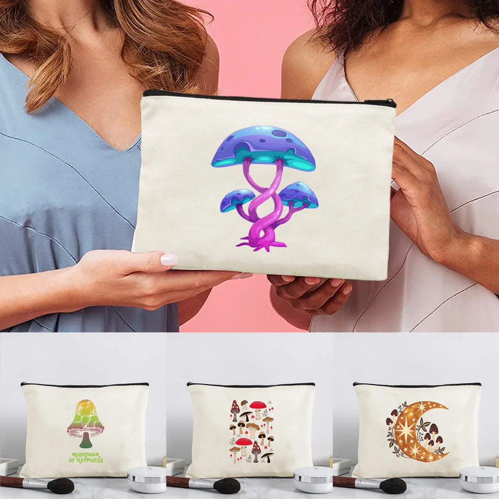 Minimalist Canvas Cosmetic Storage Pouch With Mushroom Print Zipper Makeup Bag for Brushes Lipstick and Makeup Palettes
