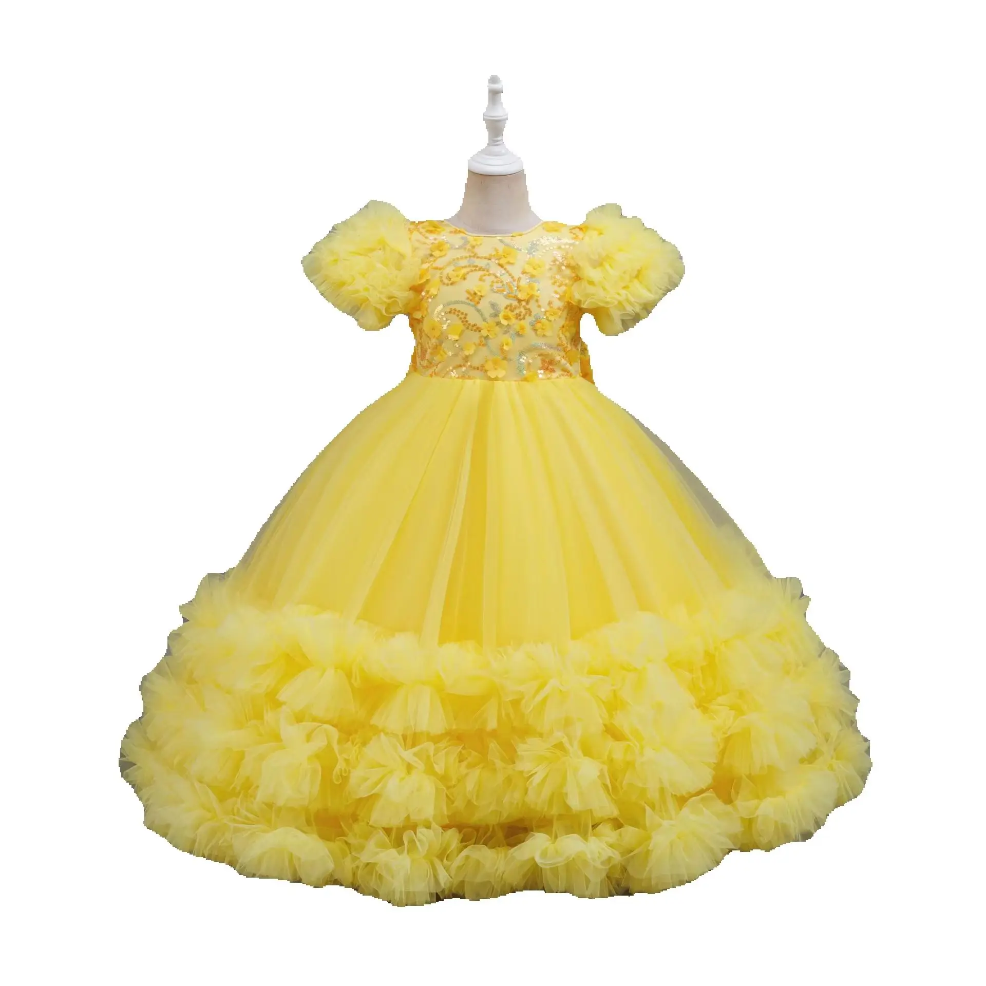 Girls Summer Yellow Sequin Wedding Dresses Wedding Dresses Tulle Carnival Outfits Girls Birthday Party Dresses Girls Ceremony Ou