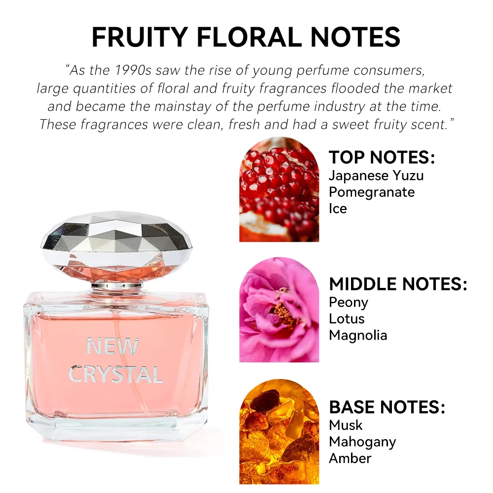 100ML 3.4FL.OZ New Crystal Long-lasting Perfumes for Women, Fruity Floral Notes Eau de Parfum, Fresh Citrus Aquatic Fragrance