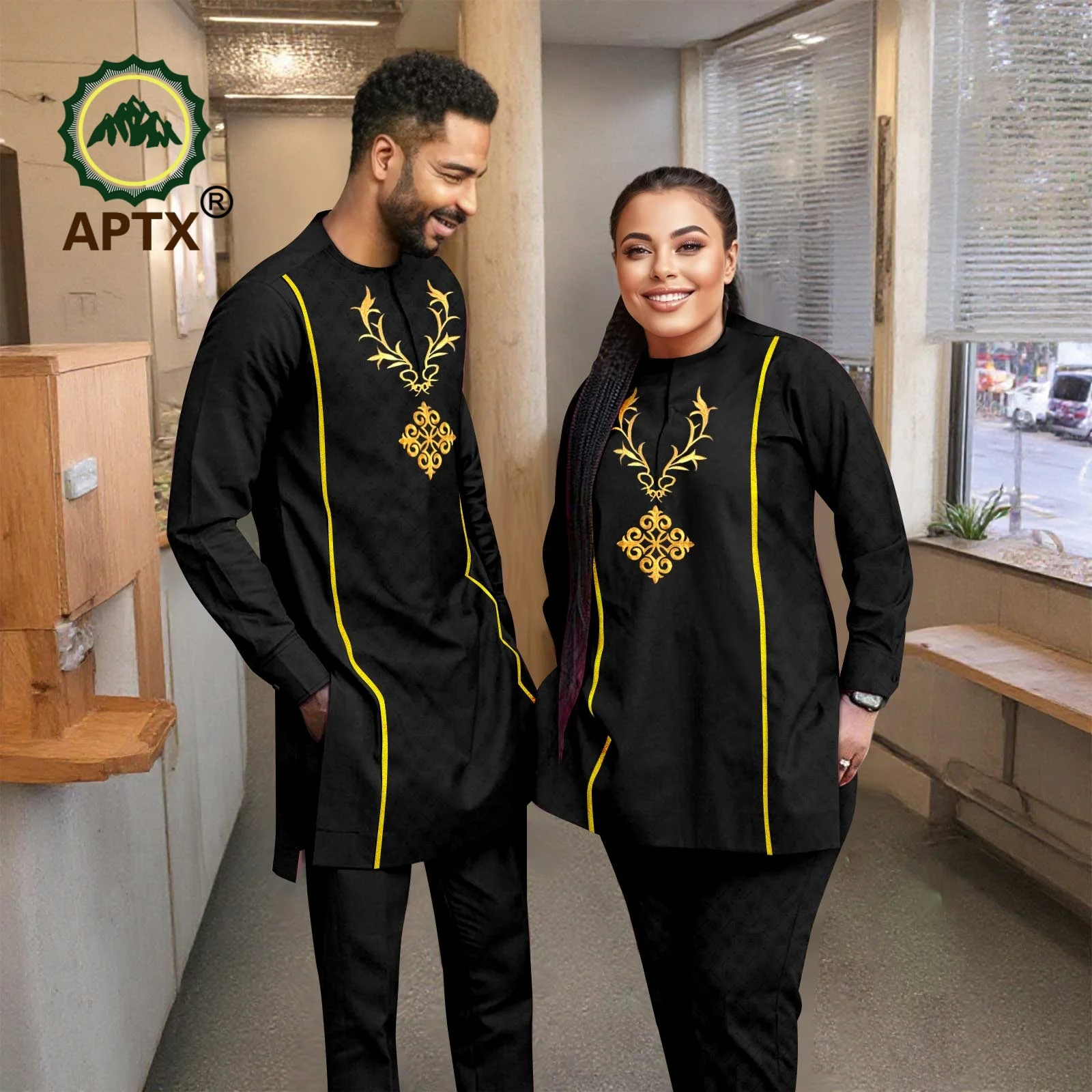 بدلات الزوجين الأفريقية المذهبة الدانتيل مطابقة رداء للرجال مجموعة النساء فستان Agbada ملابس الزفاف مساء ارتداء اليومي