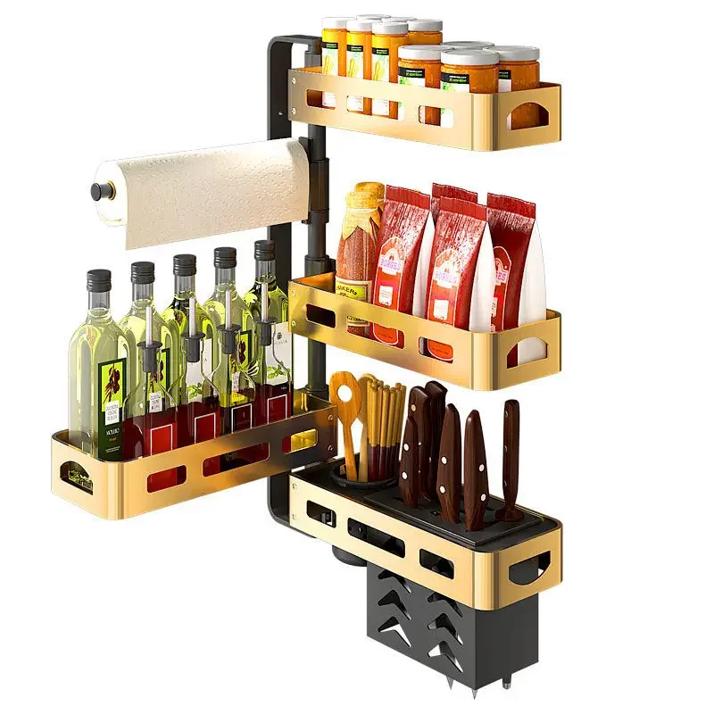 

Kitchen shelf corner rotating seasoning rack hole free wall mounted rotary multi-functional storage rack
