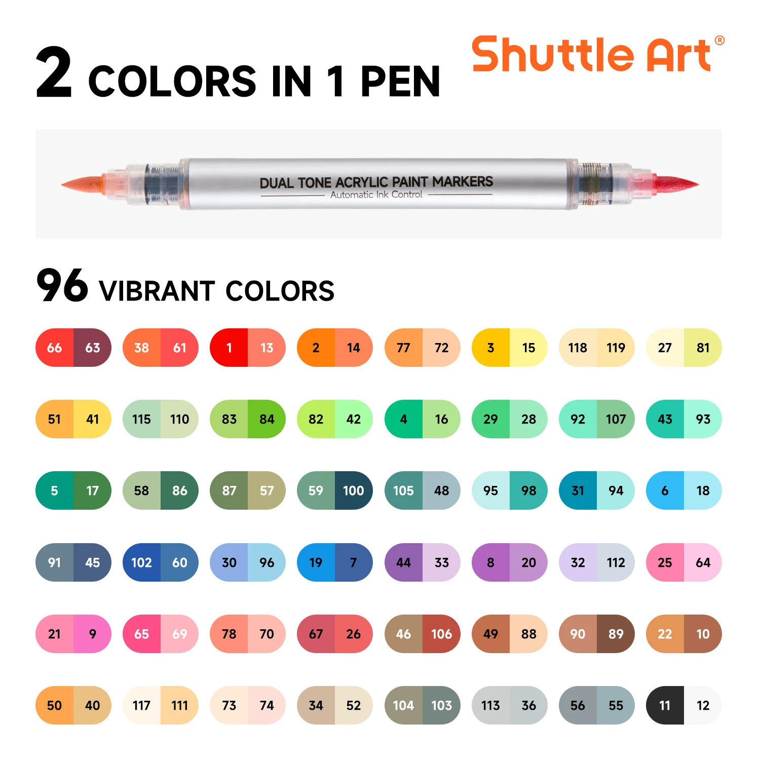 Shuttle Art 96 Colors Dual Tone Acrylic Paint Markers, 48 Pack Automatic Ink Control Brush Tip Pens for Rock Painting, Ceramic, Wood, Canvas, Glass, Stone, Fabric, Card Making, DIY Crafts
