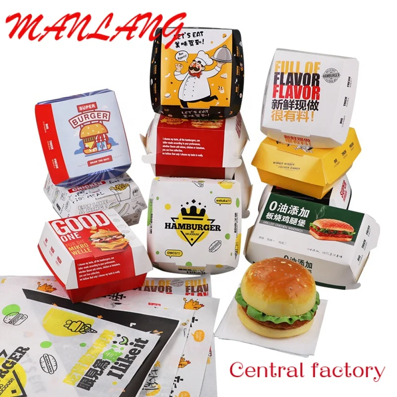 Kotak Hamburger mengambil emblem Kraft ukuran kustom dan cetakan Logo kotak Hamburg disesuaikan Clamshell menerima makanan gratis