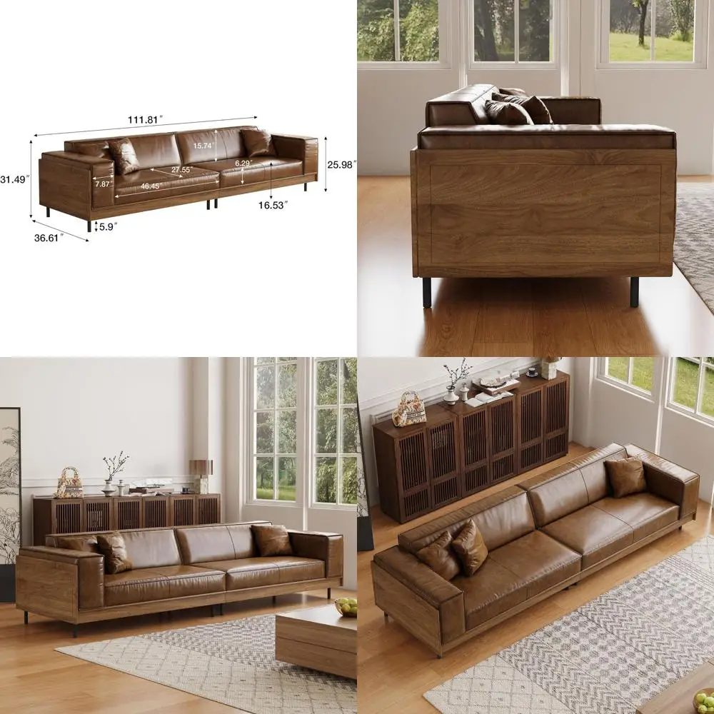 

Leather Sofa 111.81 with Wooden Accents, 3-Seat, Ideal for Living or Bedroom, Brown