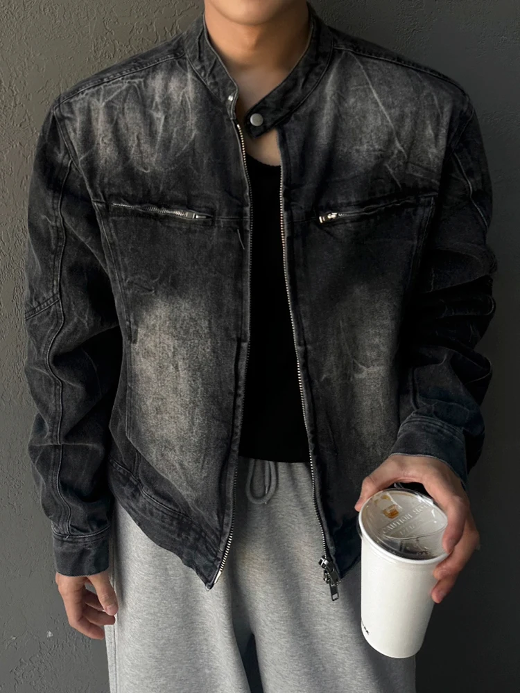 SYUHGFA High Street Men's Short Denim Coats Stand Collar Solid Color Loose Zipper Washing Male Jackets 2025 Spring Korean Style