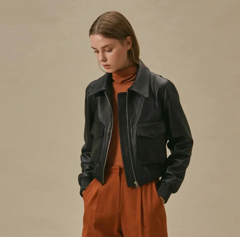 Giubbotto Bomber in vera pelle per donna autunno inverno 2024 Trend giacche da moto in vera pelle di pecora nera di fascia alta