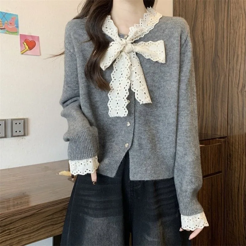Sweet French Patchwork Vneck Lace Bowknot Women Short Knit Cardigan Long Sleeve Spring Autumn Fashion Top Wear To Work