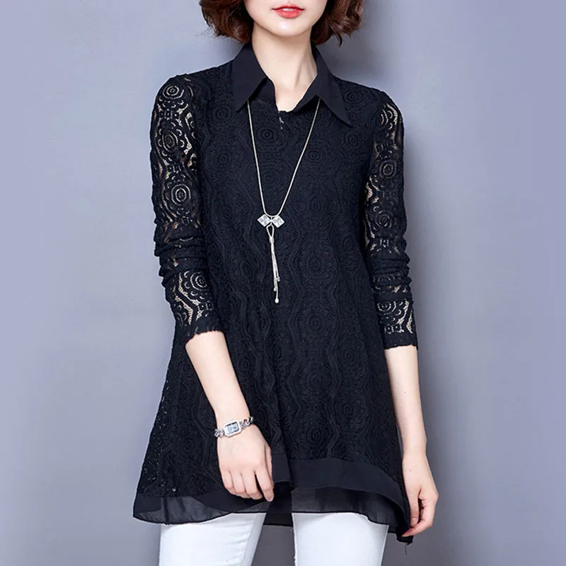 Elegant Women\'s Turn-down Collar Fashion Fake Two Pieces Chiffon Shirt Hollow Out Lace Long Sleeve Casual Blouse Female Clothing