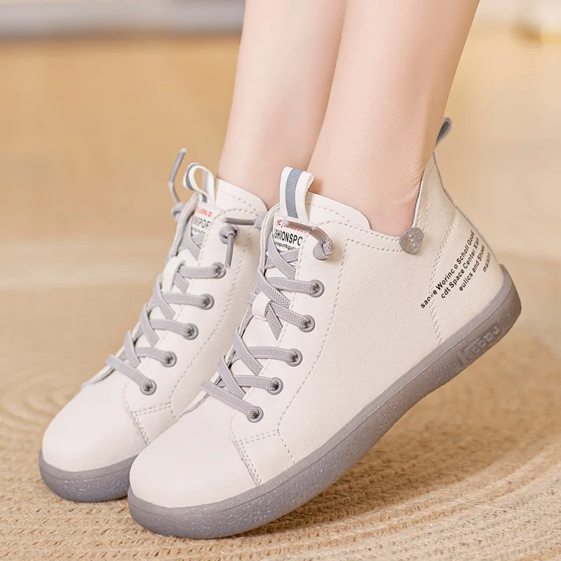 

Women's Mid-Top White Sneakers Elastic Heel Strap 2cm Flat Sole Breathable TPR Bottom Autumn New Sweet Style Grey Accent
