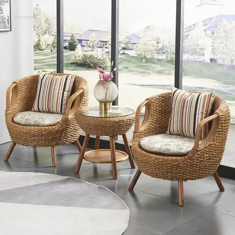 مجموعة أثاث الحدائق، كراسي مسند ظهر من الخيزران الطبيعي للشرفة، مجموعة كراسي طاولة صغيرة، أثاث خارجي للفناء المنزلي