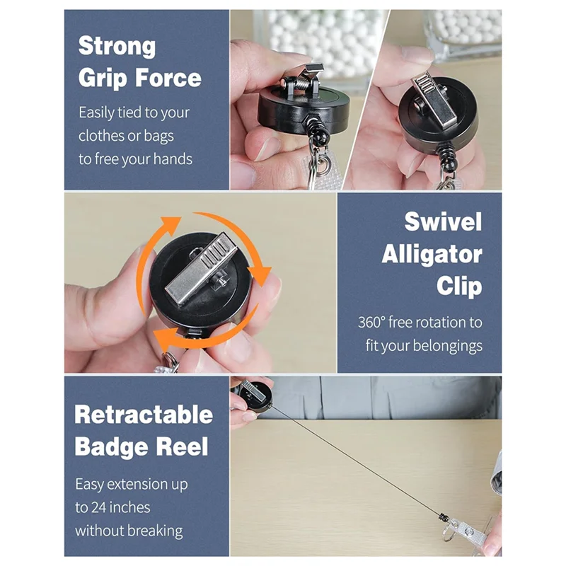AEE7-3Pack Retractable Badge Reel With Swivel Alligator Clip Heavy Duty Retractable Keychain With Stainless Steel Spring Coil