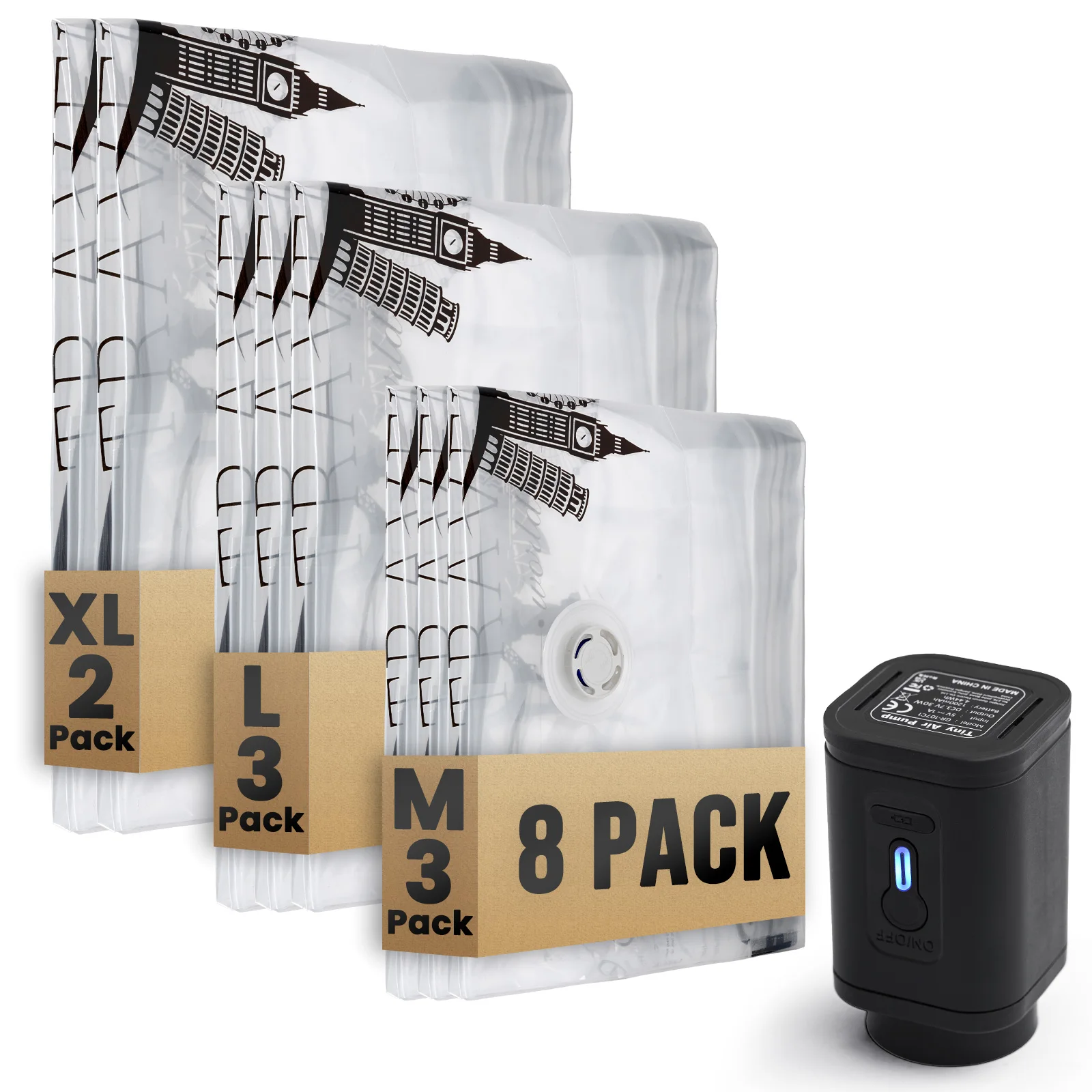 

TAILI 8 Pack Travel Vacuum Storage Bags with Electric Pump, Space-Saving Compression Bag for Clothes, Luggage, Cruise & Home Use