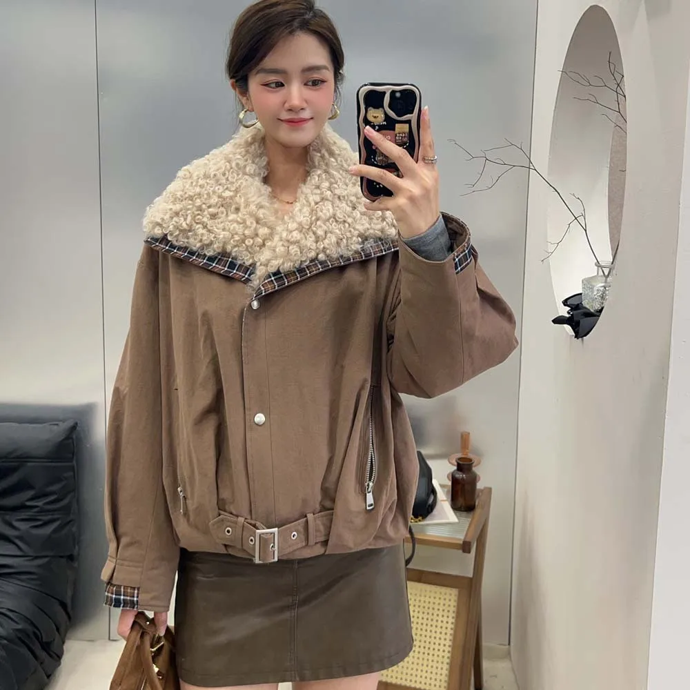 الرجعية الأزياء الفراء طوق معطف المرأة شتاء جديد فضفاض عارضة الدافئة صوف الضأن سترة أوزة أسفل بطانة داخلية يتغلب