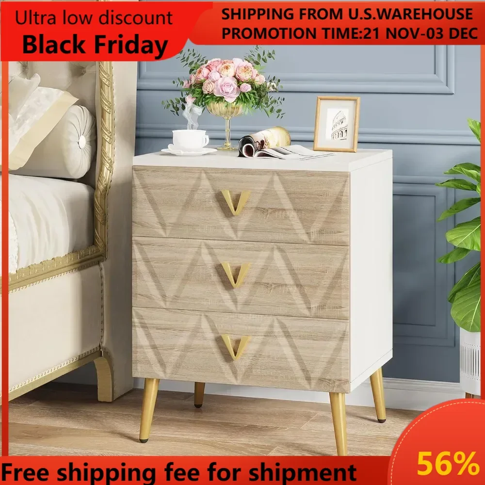 

3-Drawer Nightstand Set of 2, Luxury Bedside Table End Table with Storage Drawers and Golden Legs, Modern Nightstand