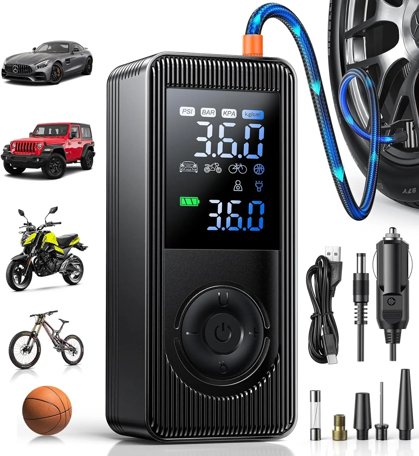 

Portable Air Compressor 150 PSI Fast Inflation for Car Bike Motorcycle Tires with LCD Display LED Light