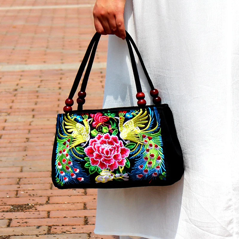 Ethnic Style Flower Embroidery Canvas Hand Bag Large Capacity Bag Coin Bag For Women