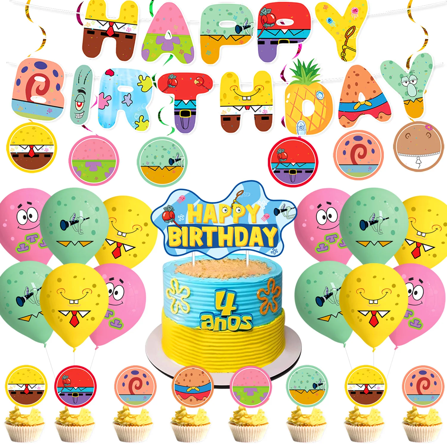 3/6/7Pcs SpongeBob SquarePants & Patrick Star Foil Balloons Set With Cake Topper Happy Birthday Banner Kids Birthday Party Decor view 6