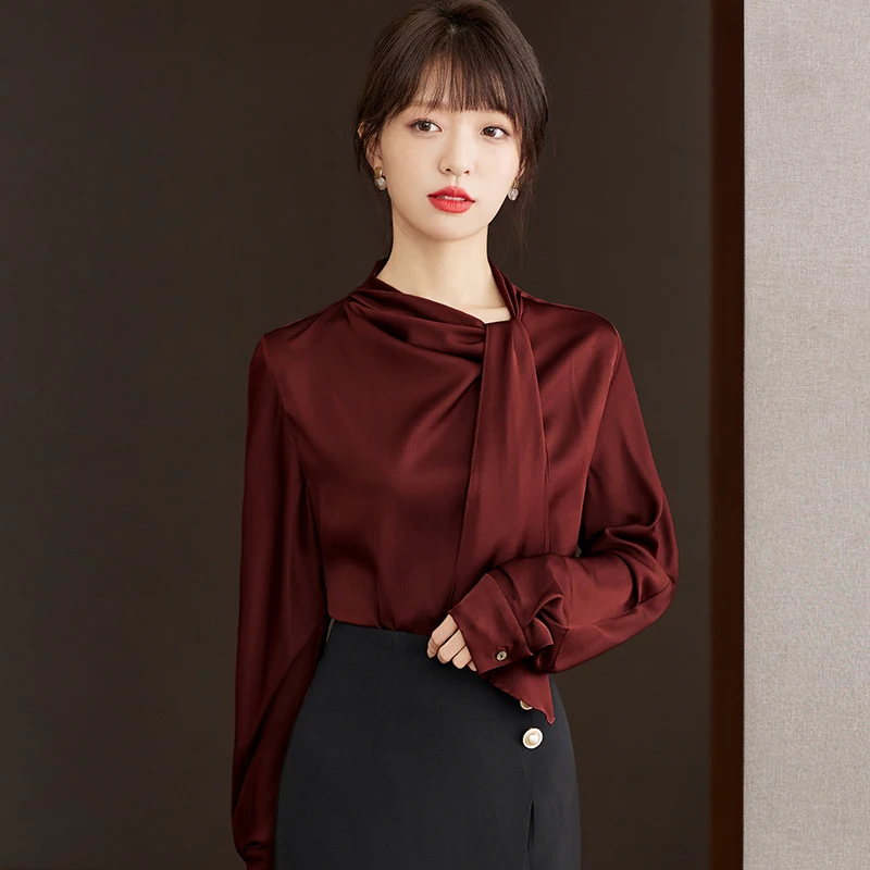 Elegant Ribbon Pile Collar Long Sleeve Wine Red Blouse Women Tops Spring Autumn Office Lady Loose Bussiness Casual Shirt D2184