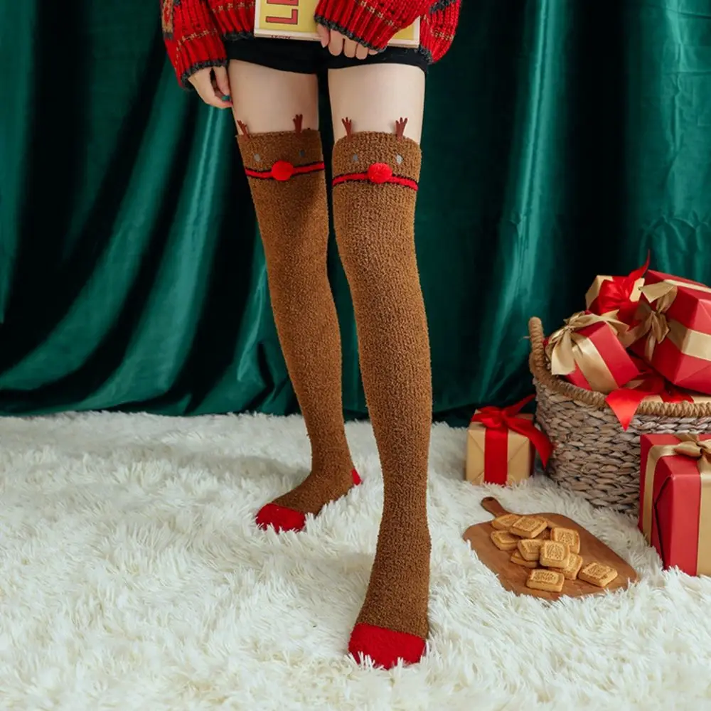 Calcetines hasta la pantorrilla de algodón polar Coral a rayas para regalo de Navidad con lazo Simple de Papá Noel y alce, medias navideñas para mujer, calcetines hasta el suelo