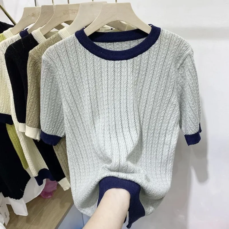 short sleeve sweaters women all-match spring fashion korean style streetwear comfortable office lady o-neck loose Thread solid