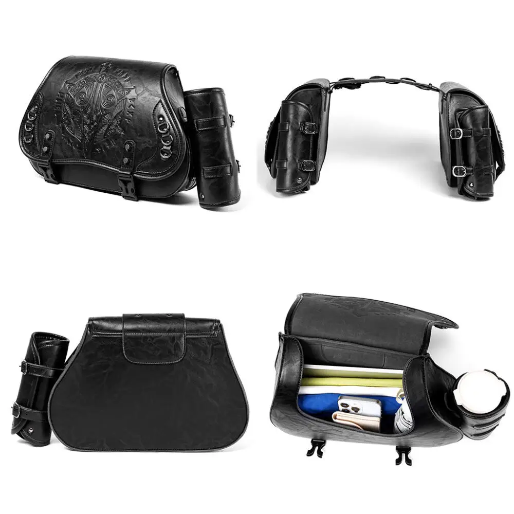 Retro Pressure Flower Motorcycle Hanging Bag Pu Leather Knight Modification Bag for Multi Model Universal Medieval Steampunk