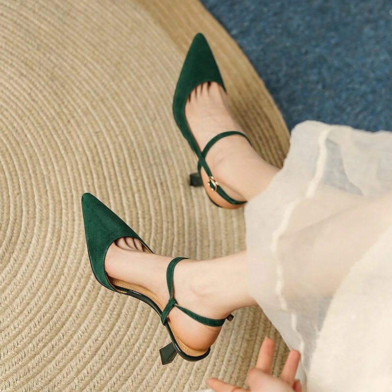 2022 Summer Women Shoes Pointed Toe Slingback High Heels Elegant Modern Sandals Retro Sheep Suede Shoes Women Solid Heels Women