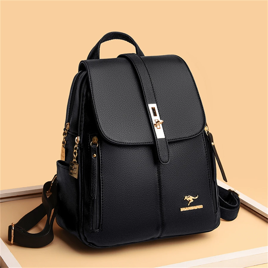 black leather backpack for girls Ella Full-Grain Mini  Black, Handcrafted in Ethiopia Leather and Polyester. Black Leather College Bag For