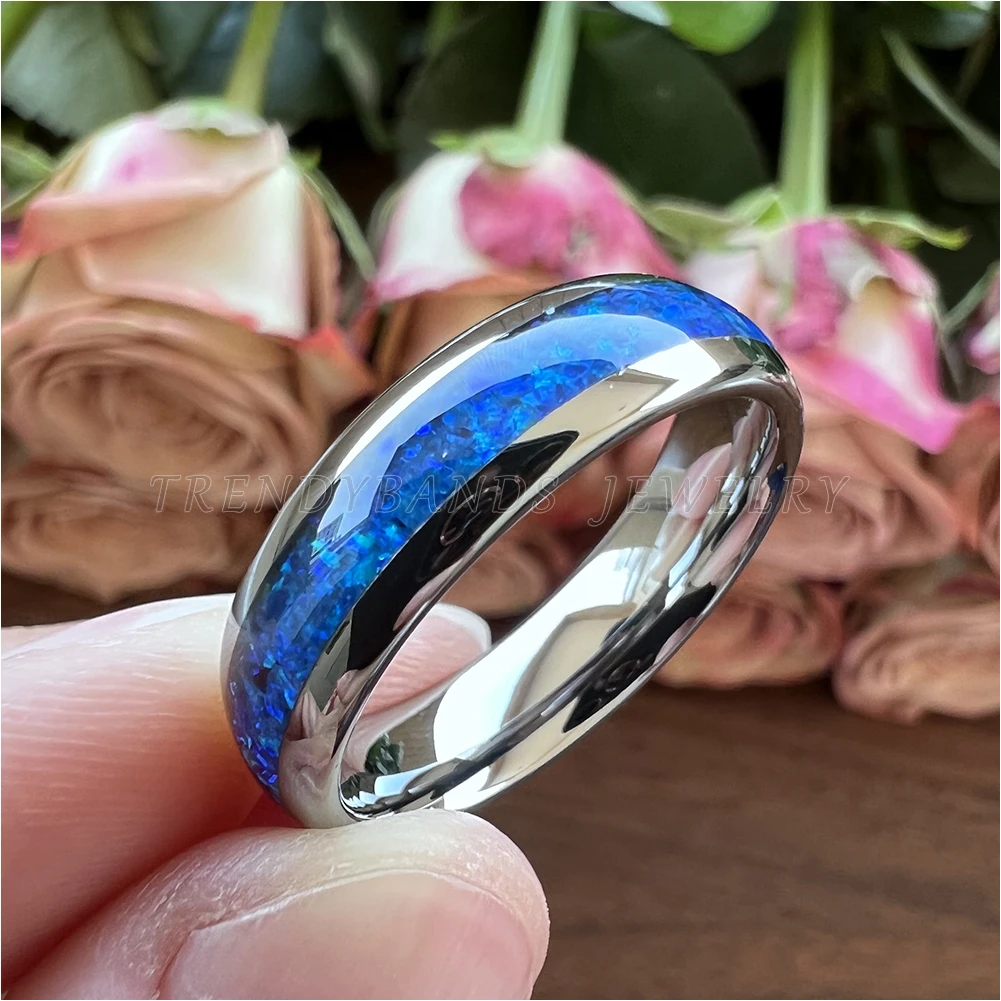 6 mm 8 mm Ringe für Männer und Frauen, Wolfram-Ehering, Modeschmuck, blaue Opal-Inlay, gewölbt, poliert, glänzend, bequeme Passform – Detail 23