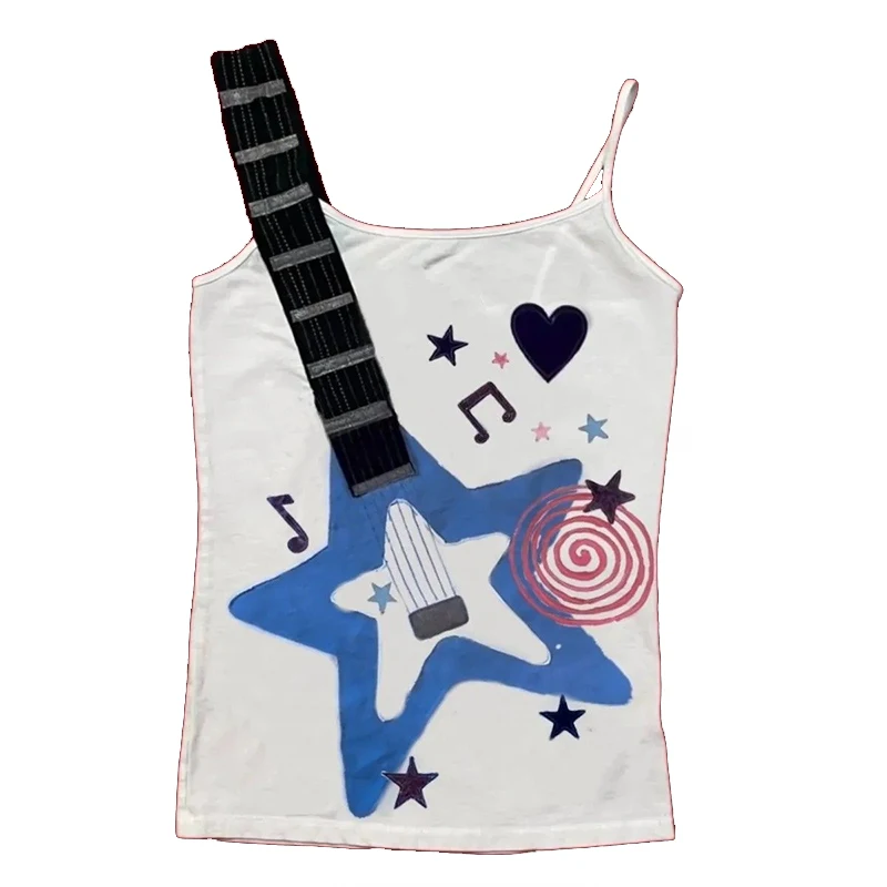 Women's Y2K Vintage Rock Guitar Print Cami Top Sleeveless Spaghetti Strap Graphic Tank Top with Star Music Notes for Streetwear
