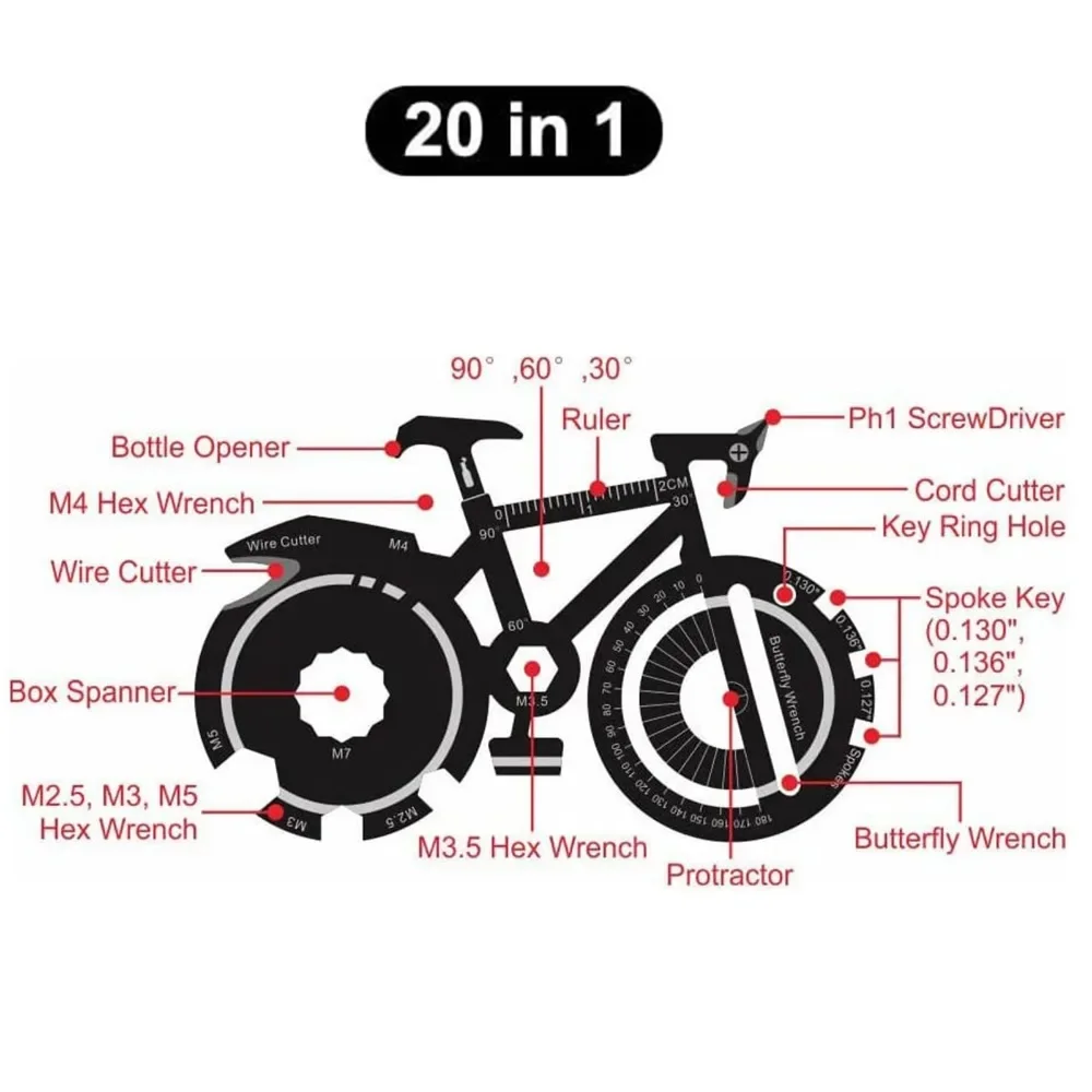 ​​20-in-1 Bicycle Multitool Card - Credit Card Size Keychain Tool Kit w/Hex Wrench & Spanner, Portable for MTB/Road Bike Repair