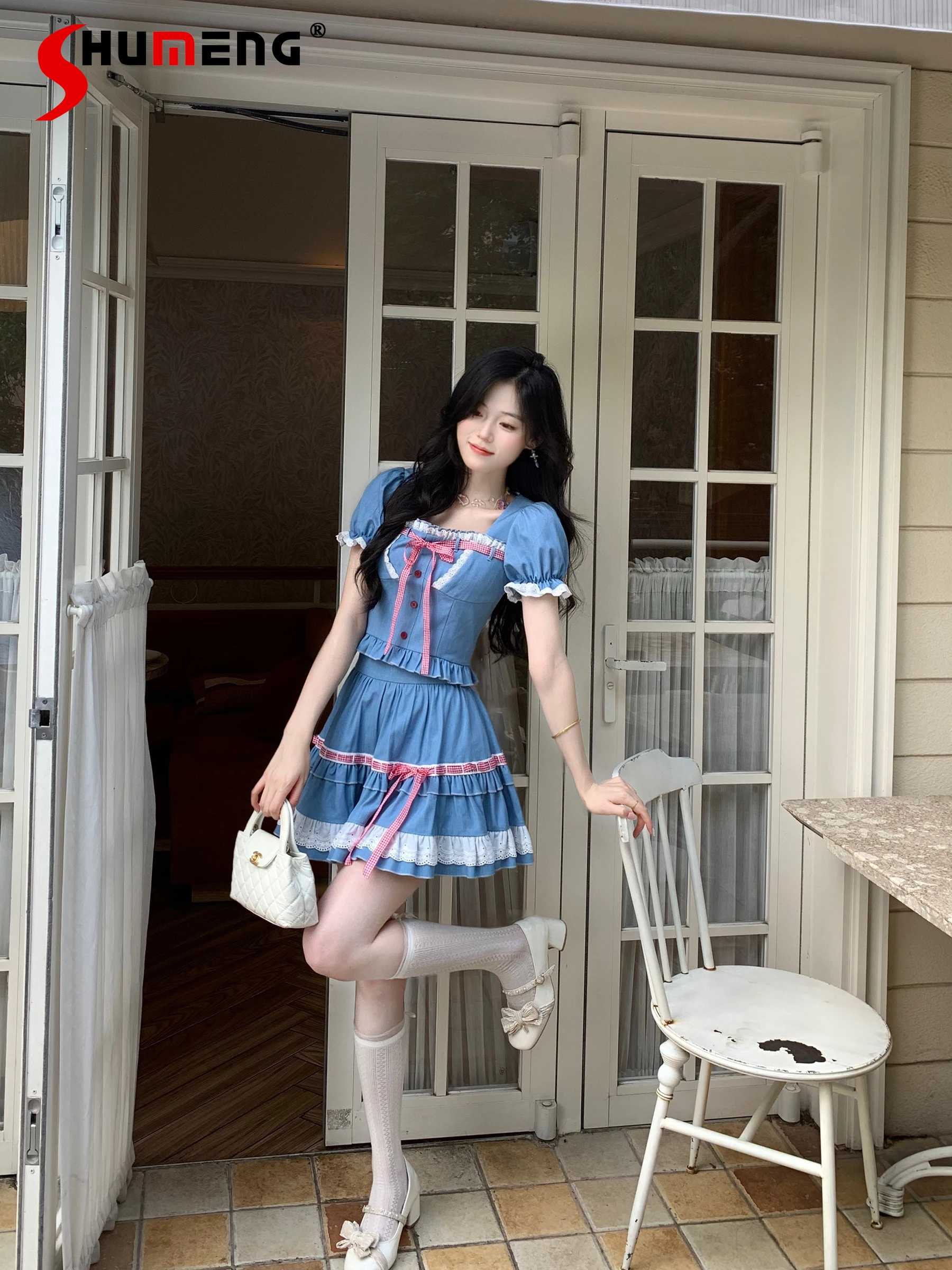 

Elegant Sweet Girl Blue Square Neck Lace-up Bow Short Shirts Tops Lace Splicing High Waist Mini Skirt Two-piece Set Women Summer