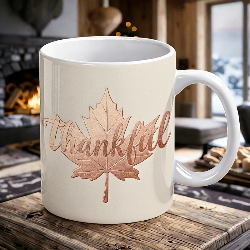 

Thankful Maple Leaf Mug Rose Gold Thanksgiving Coffee Cup Fall Autumn Ceramic Water Cup for Thanksgiving Gift Family Friends