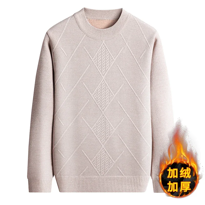 Regular Fit Male Fleece Lined Jumper Allover Rhombus Jacquard Crew Neck Home Travel Warm Knitted Long Sleeve Top