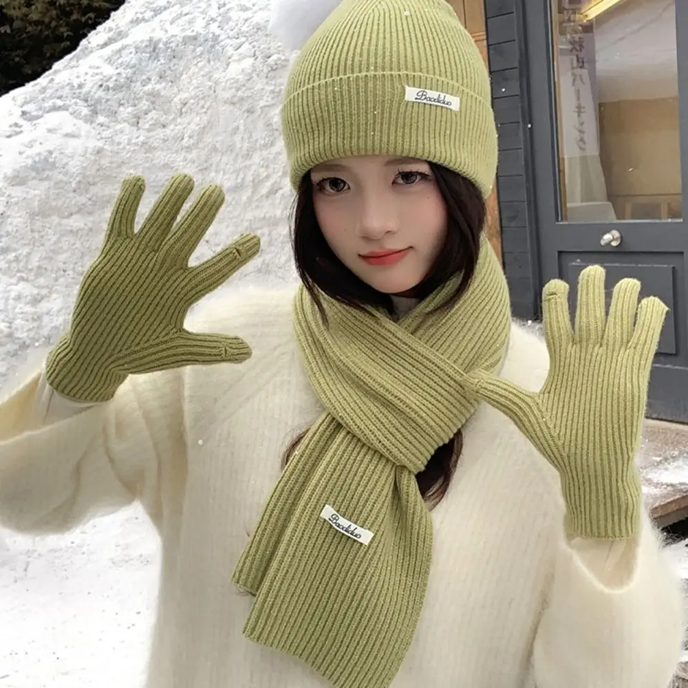 Neck Protector Solid Color Hat Scarf Gloves Set Wool Warm Thermal Knit Cap Simple Fashion Winter Beanie Hat Cold Weather