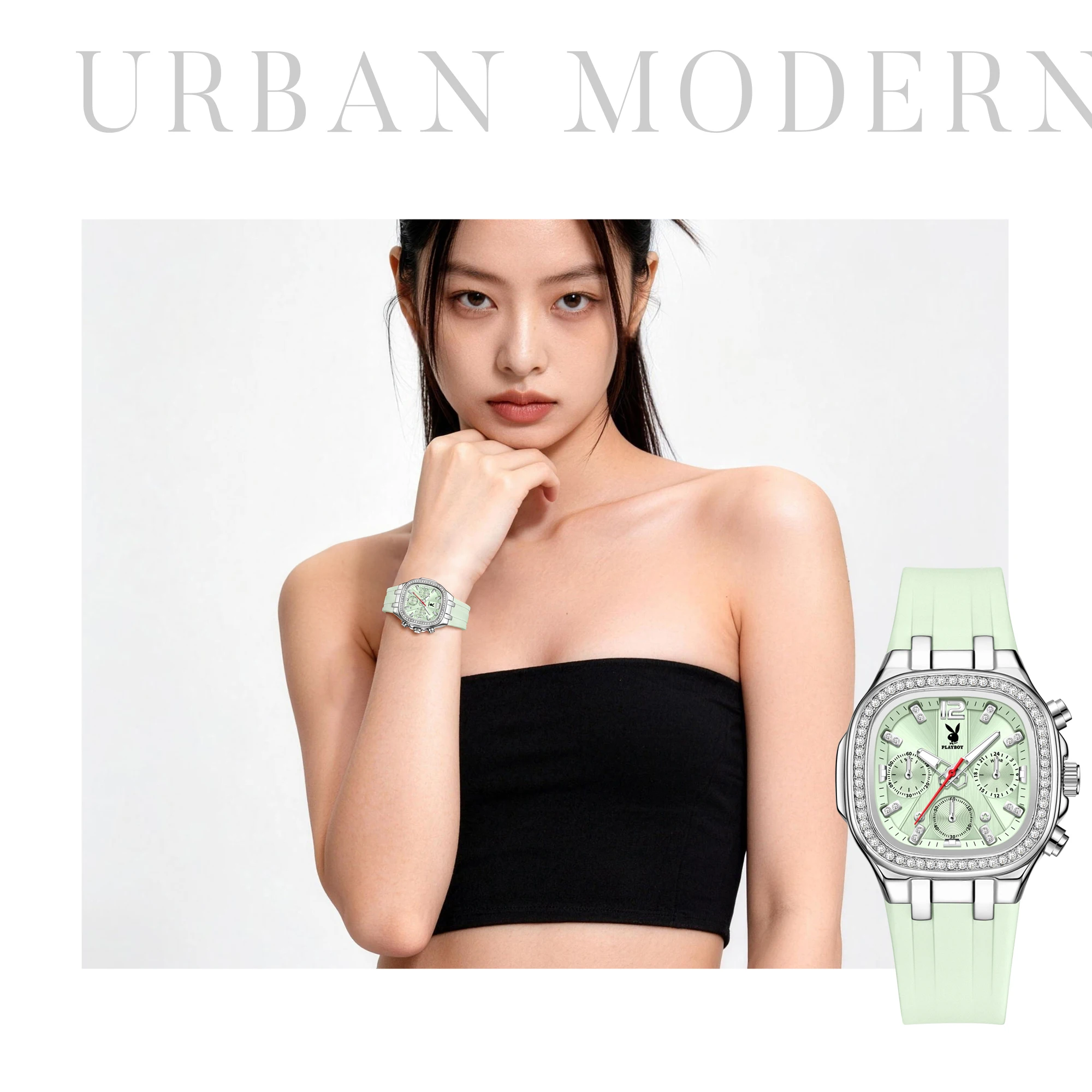 PLAYBOY 3076 Quartz Watch Women Chronograph 24-hour Display Round Dial Silicone Strap HD Luminous Function 30m Waterproof Watch
