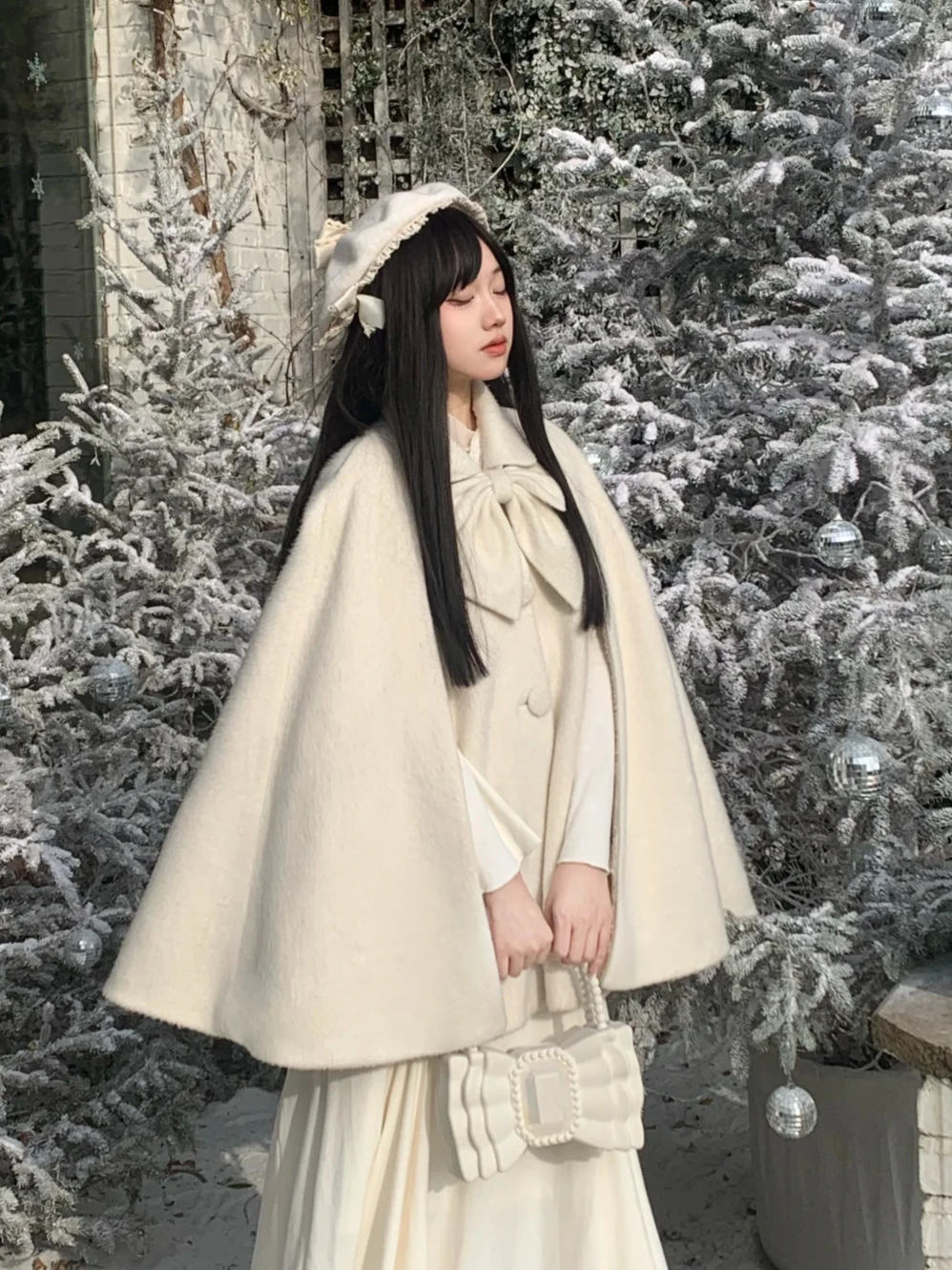 

Элегантная атмосфера, шерстяная накидка принцессы, рождественская, новогодняя, милая, с милым бантом, однобортная, свободная, японская накидка в стиле Лолиты, шаль