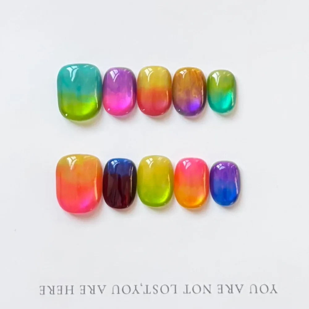 10 Pieces Spring Summer Rainbow Magic Art Handmade Press On Nails Candy Color Gradient Glass Cat Eye Music Festival Fake Nails