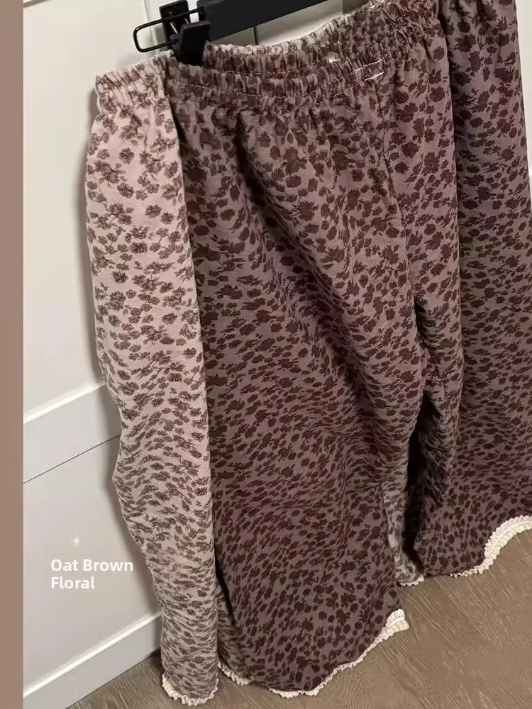 Large Size 300 Pounds Korean Style Floral Print Fleece Pajama Pants Girls Vintage Outdoor Wear Lace Splicing Leisure Home Pants