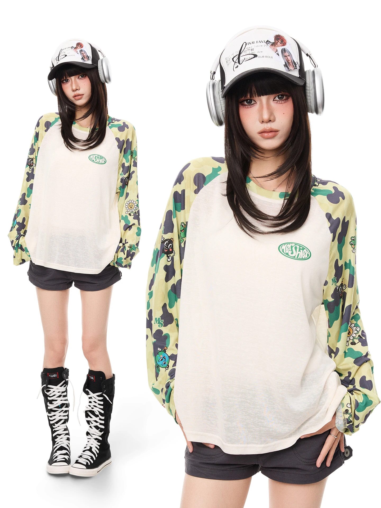 K787 Y2K Camouflage Long Sleeve T-Shirt Women's Loose Breathable Anti-UV Printed Casual Top Sweet Style round Neck Short Length