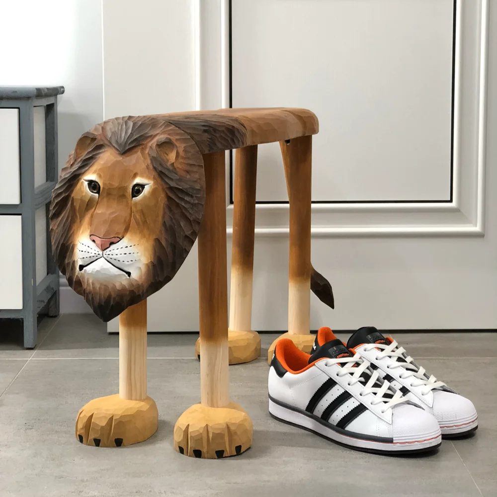 

Lion style shoe changing stool, home doorstep, solid wood handmade carving, large animal creative low stool, soft decoration, sh