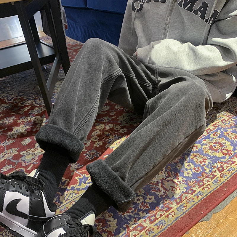 

Джинсы Thiened Fce для осени и зимы, мужские модные джинсы в стиле Гонконг, свободные теплые брюки прямого кроя в стиле ретро, ​​молодежная повседневная одежда