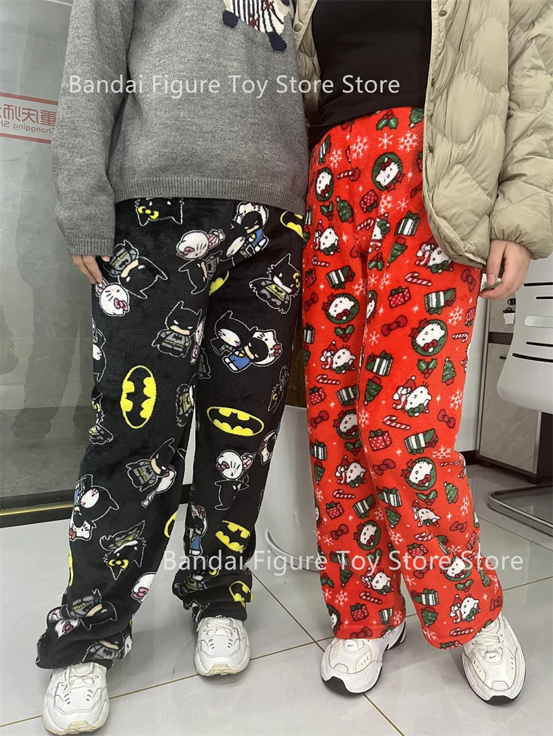 Sanrio calças de outono hellokitty periférico batman pijama bonito senhoras quente casual pelúcia natal flanela calças roupas y2k presente